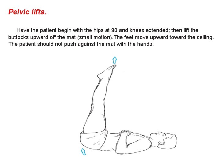 Pelvic lifts. Have the patient begin with the hips at 90 and knees extended;