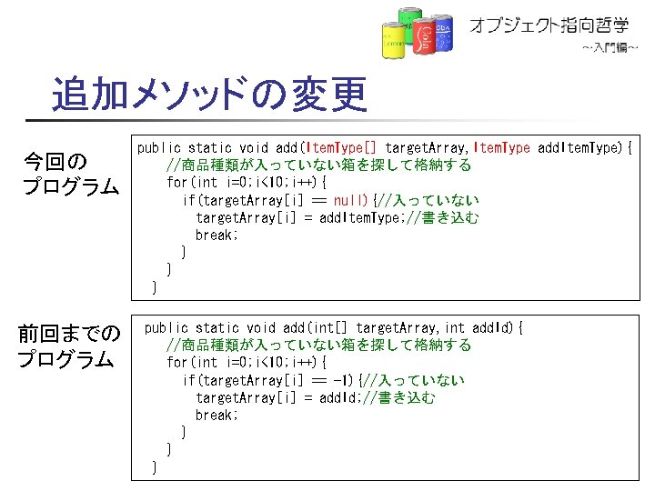 追加メソッドの変更 今回の プログラム 前回までの プログラム public static void add(Item. Type[] target. Array, Item. Type