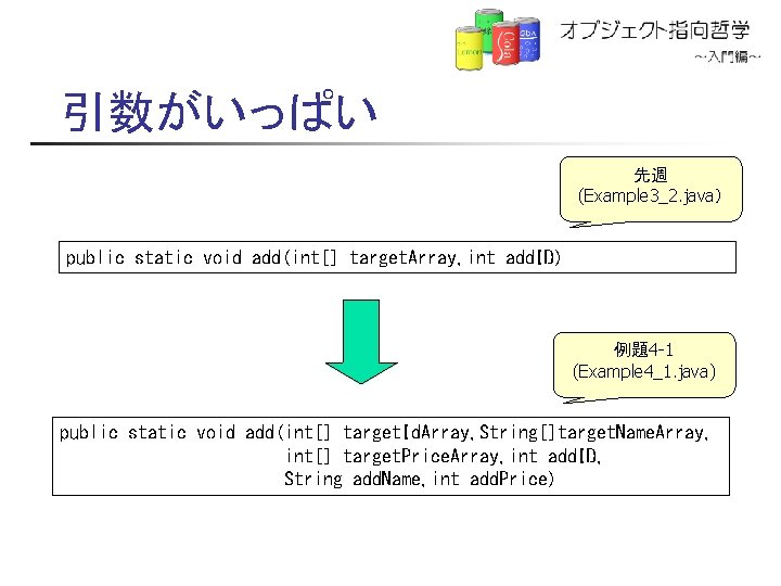 引数がいっぱい 先週 (Example 3_2. java） public static void add(int[] target. Array, int add. ID)