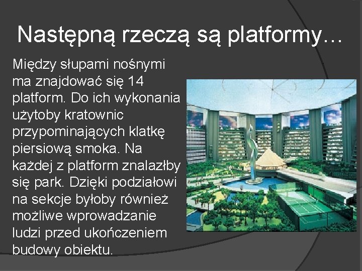 Następną rzeczą są platformy… Między słupami nośnymi ma znajdować się 14 platform. Do ich