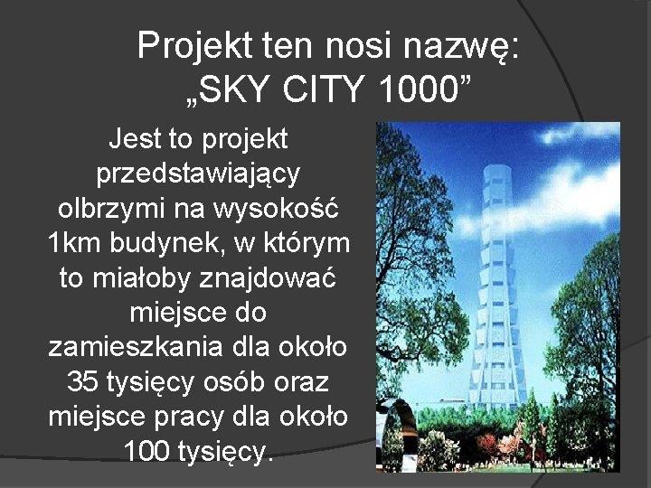 Projekt ten nosi nazwę: „SKY CITY 1000” Jest to projekt przedstawiający olbrzymi na wysokość