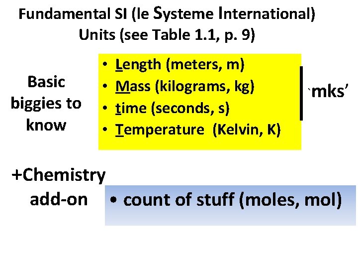 Fundamental SI (le Systeme International) Units (see Table 1. 1, p. 9) Basic biggies