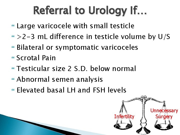 Referral to Urology If… Large varicocele with small testicle >2 -3 m. L difference