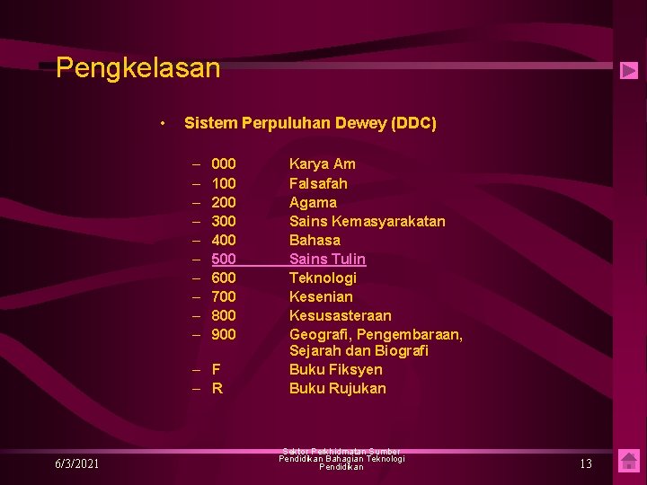 Pengkelasan • Sistem Perpuluhan Dewey (DDC) – – – – – 000 100 200