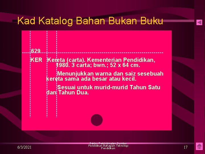 Kad Katalog Bahan Buku 629 KER Kereta (carta). Kementerian Pendidikan, 1980. 3 carta; bwn.