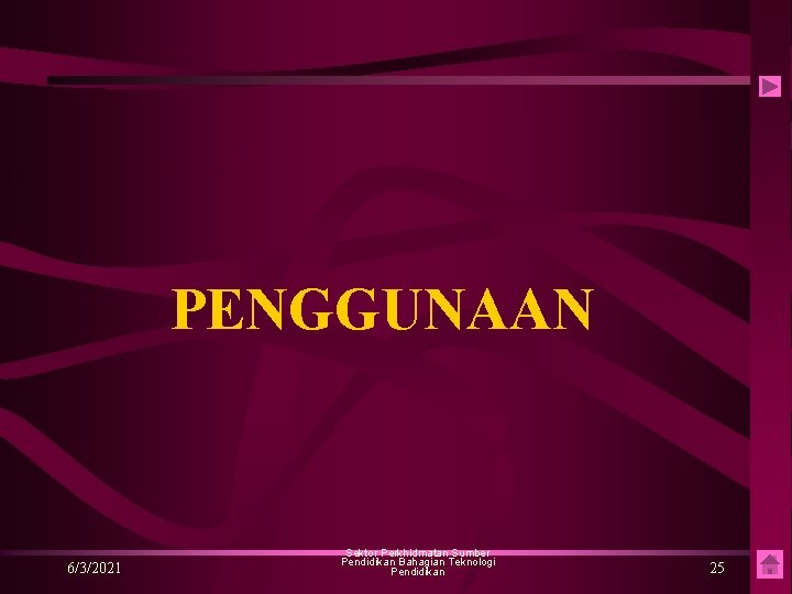 PENGGUNAAN 6/3/2021 Sektor Perkhidmatan Sumber Pendidikan Bahagian Teknologi Pendidikan 25 