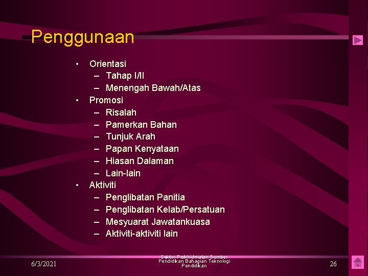 Penggunaan • • • 6/3/2021 Orientasi – Tahap I/II – Menengah Bawah/Atas Promosi –