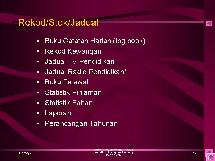 Rekod/Stok/Jadual • • • 6/3/2021 Buku Catatan Harian (log book) Rekod Kewangan Jadual TV