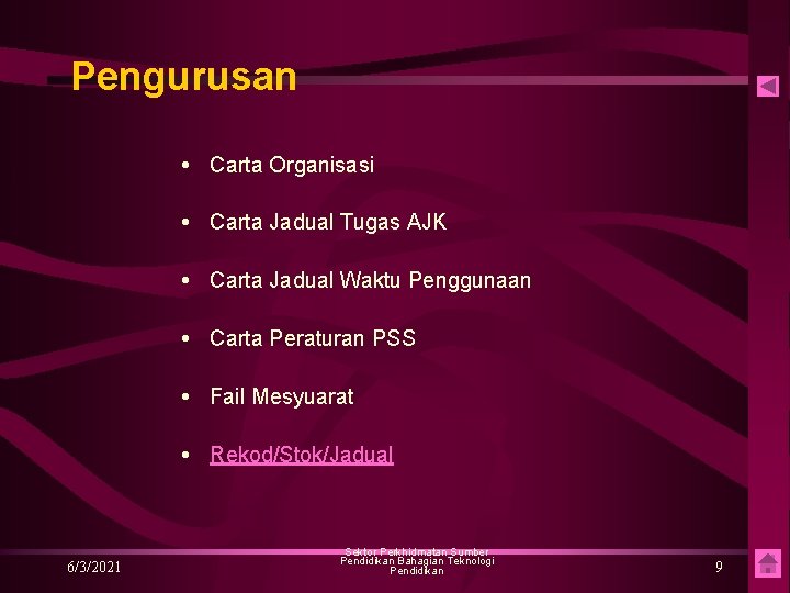 Pengurusan Carta Organisasi Carta Jadual Tugas AJK Carta Jadual Waktu Penggunaan Carta Peraturan PSS