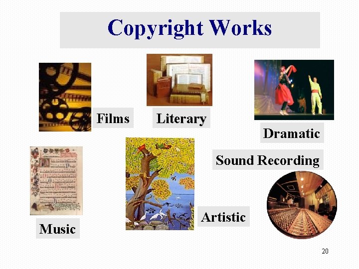 Copyright Works Films Literary Dramatic Sound Recording Music Artistic 20 