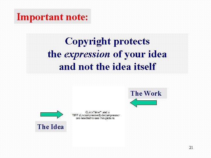 Important note: Copyright protects the expression of your idea and not the idea itself
