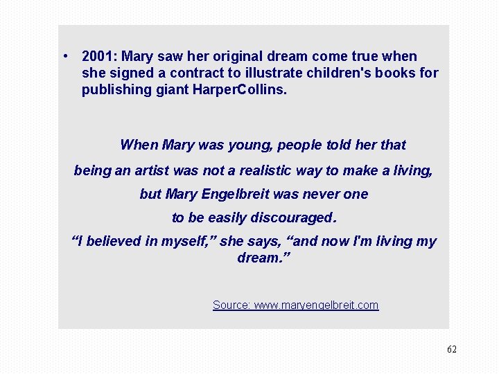  • 2001: Mary saw her original dream come true when she signed a