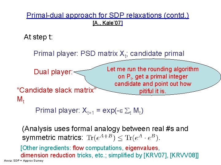 Primal-dual approach for SDP relaxations (contd. ) [A. , Kale’ 07] At step t: