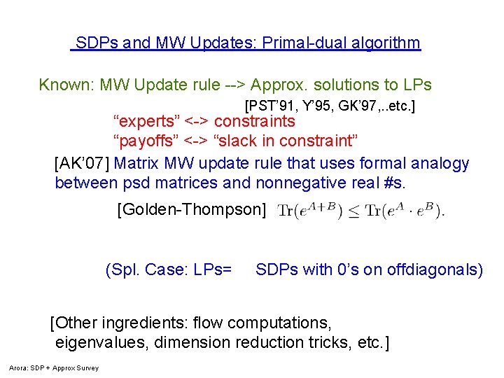 SDPs and MW Updates: Primal-dual algorithm Known: MW Update rule --> Approx. solutions to