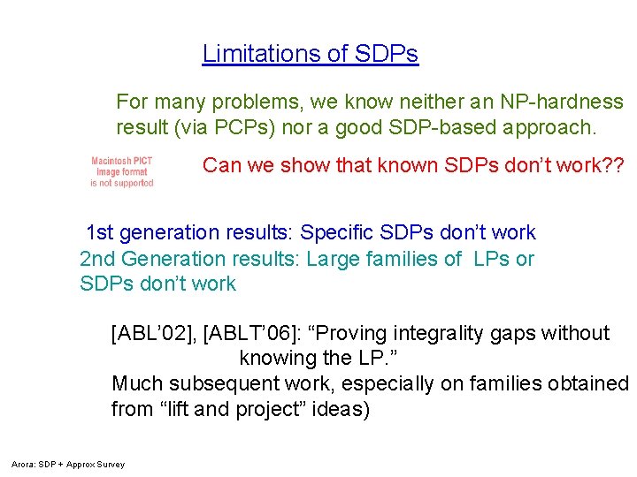 Limitations of SDPs For many problems, we know neither an NP-hardness result (via PCPs)