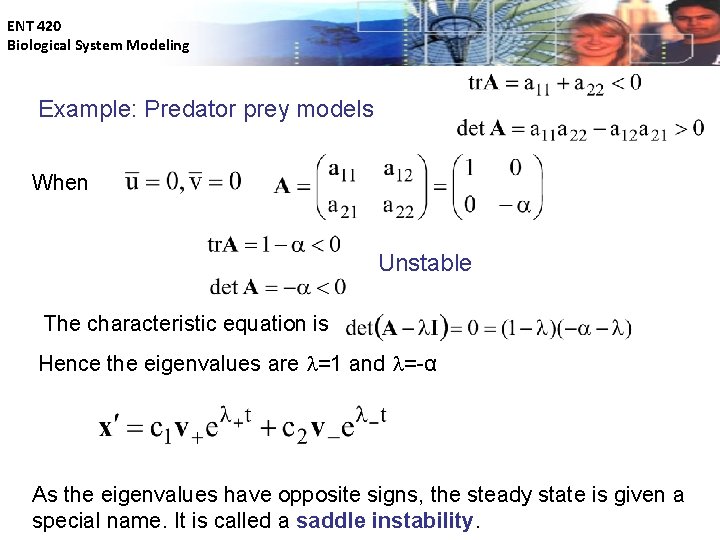 ENT 420 Biological System Modeling Example: Predator prey models When Unstable The characteristic equation