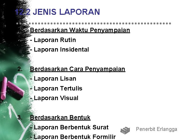12. 2 JENIS LAPORAN 1. Berdasarkan Waktu Penyampaian - Laporan Rutin - Laporan Insidental