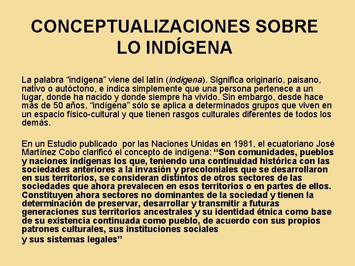 CONCEPTUALIZACIONES SOBRE LO INDÍGENA La palabra “indígena” viene del latín (indigena). Significa originario, paisano,