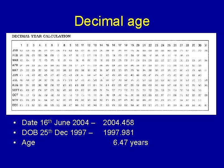 Decimal age • Date 16 th June 2004 – • DOB 25 th Dec