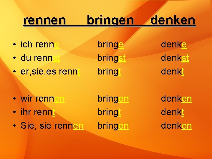 rennen bringen denken • ich renne • du rennst • er, sie, es rennt
