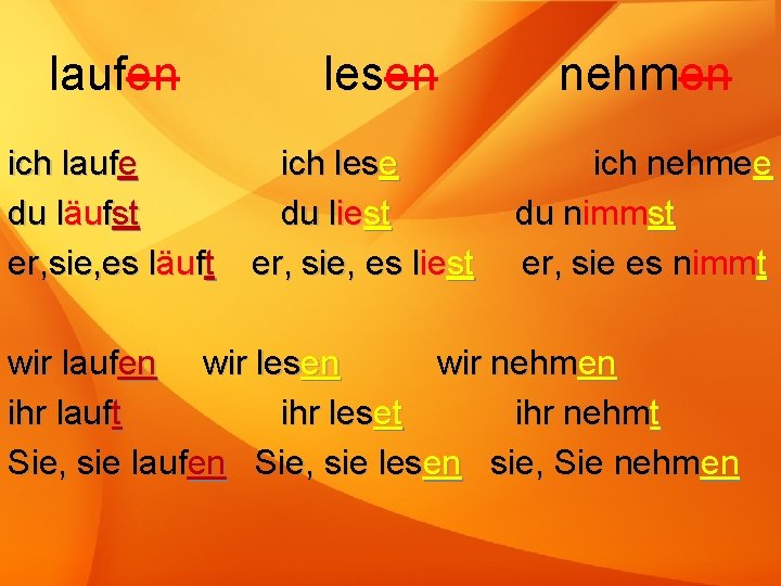 laufen ich laufe du läufst er, sie, es läuft lesen ich lese du liest