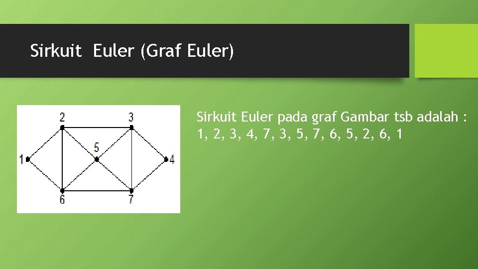 Sirkuit Euler (Graf Euler) Sirkuit Euler pada graf Gambar tsb adalah : 1, 2,