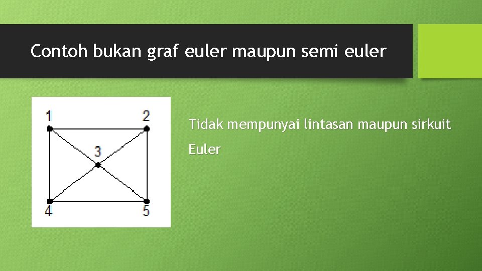 Contoh bukan graf euler maupun semi euler Tidak mempunyai lintasan maupun sirkuit Euler 