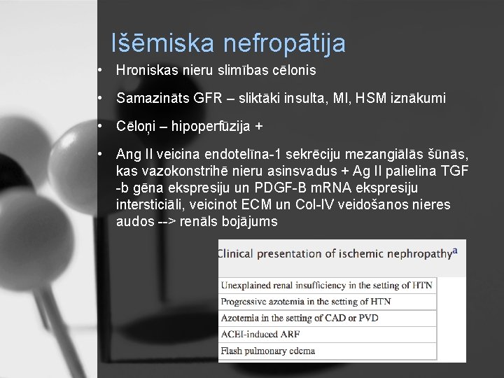 Išēmiska nefropātija • Hroniskas nieru slimības cēlonis • Samazināts GFR – sliktāki insulta, MI,