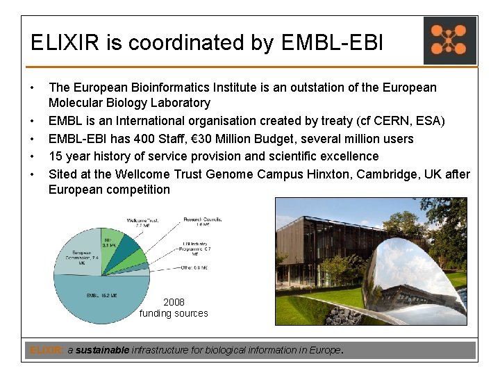 ELIXIR is coordinated by EMBL-EBI • • • The European Bioinformatics Institute is an