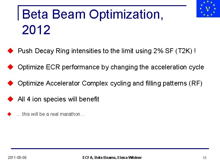 Beta Beam Optimization, 2012 u Push Decay Ring intensities to the limit using 2%