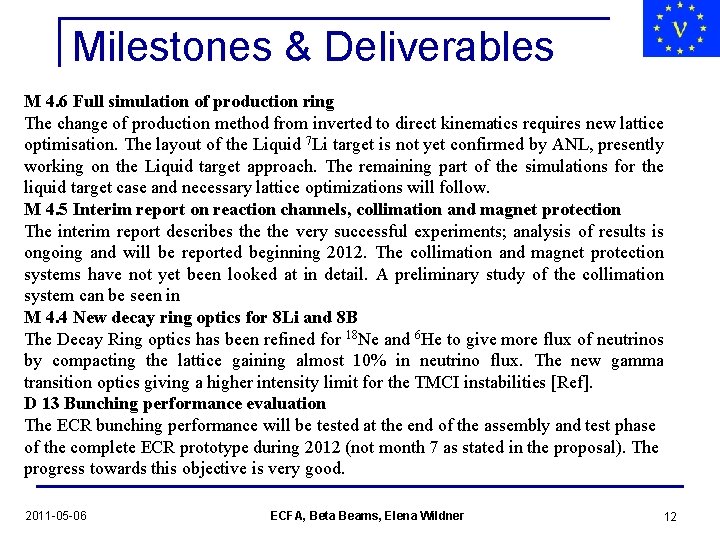 Milestones & Deliverables M 4. 6 Full simulation of production ring The change of