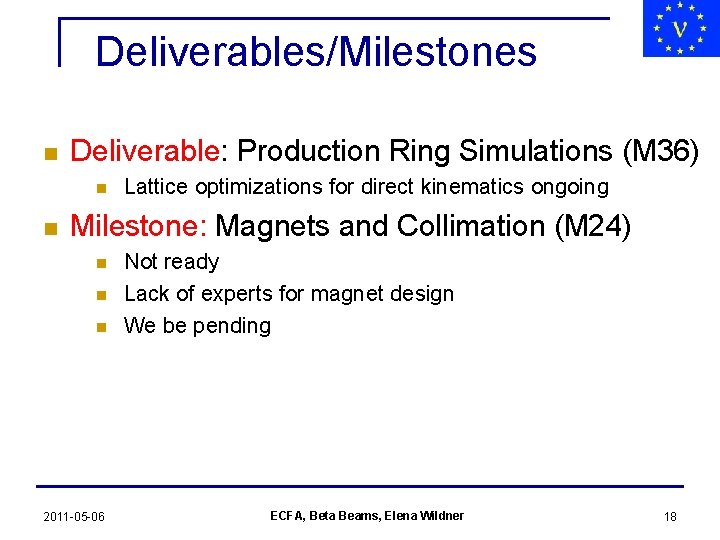 Deliverables/Milestones n Deliverable: Production Ring Simulations (M 36) n n Lattice optimizations for direct