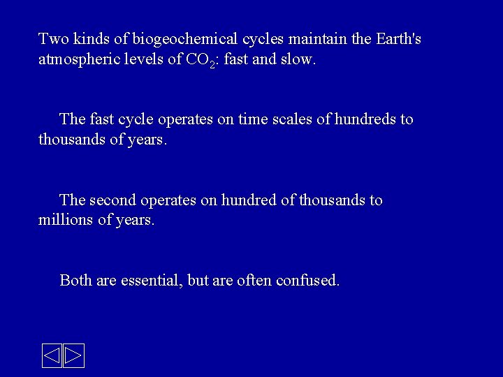 Two kinds of biogeochemical cycles maintain the Earth's atmospheric levels of CO 2: fast
