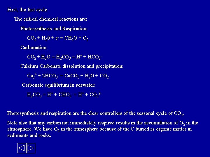 First, the fast cycle The critical chemical reactions are: Photosynthesis and Respiration: CO 2