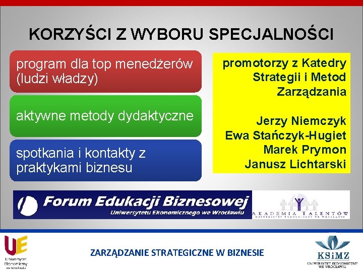 KORZYŚCI Z WYBORU SPECJALNOŚCI program dla top menedżerów (ludzi władzy) promotorzy z Katedry Strategii