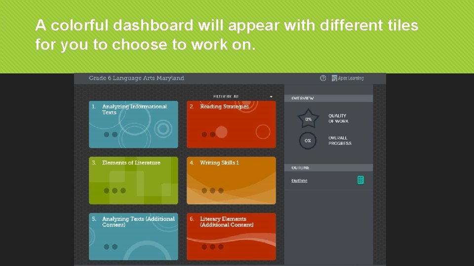 A colorful dashboard will appear with different tiles for you to choose to work