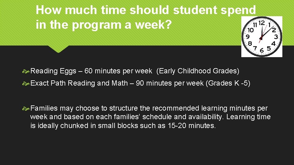 How much time should student spend in the program a week? Reading Eggs –