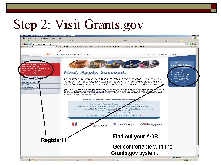 Step 2: Visit Grants. gov Register!!!! -Find out your AOR -Get comfortable with the