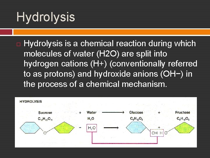 Hydrolysis is a chemical reaction during which molecules of water (H 2 O) are