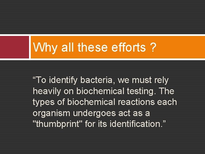 Why all these efforts ? “To identify bacteria, we must rely heavily on biochemical