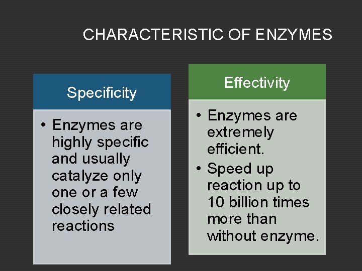 CHARACTERISTIC OF ENZYMES Specificity • Enzymes are highly specific and usually catalyze only one