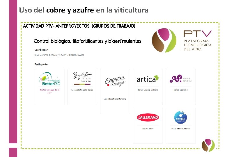 Uso del cobre y azufre en la viticultura ACTIVIDAD PTV- ANTEPROYECTOS (GRUPOS DE TRABAJO)