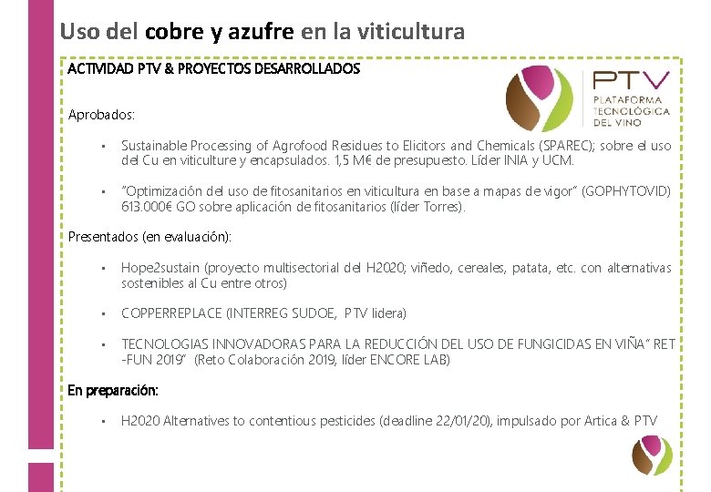 Uso del cobre y azufre en la viticultura ACTIVIDAD PTV & PROYECTOS DESARROLLADOS Aprobados: