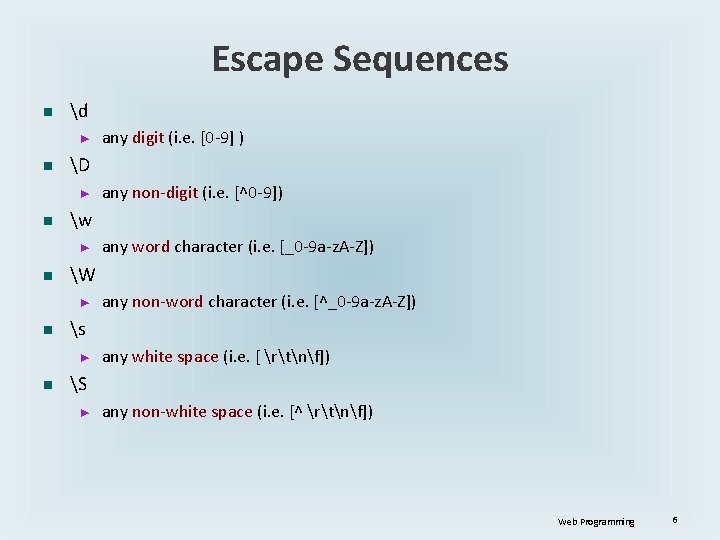 Escape Sequences n d ► n D ► n any non-word character (i. e.
