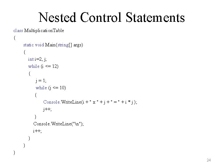 Nested Control Statements class Multiplication. Table { static void Main(string[] args) { int i=2,