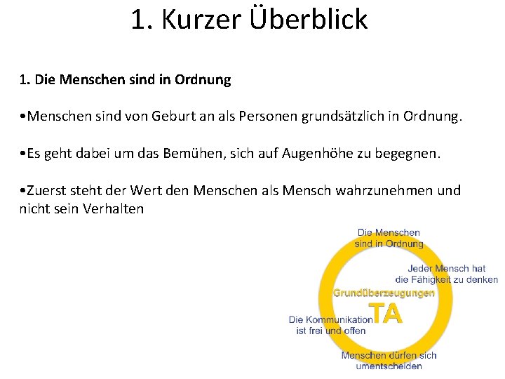 1. Kurzer Überblick 1. Die Menschen sind in Ordnung • Menschen sind von Geburt