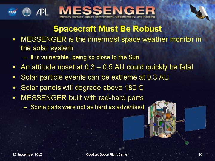 Spacecraft Must Be Robust • MESSENGER is the innermost space weather monitor in the