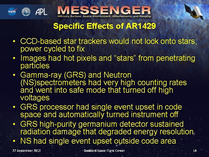 Specific Effects of AR 1429 • CCD-based star trackers would not lock onto stars;