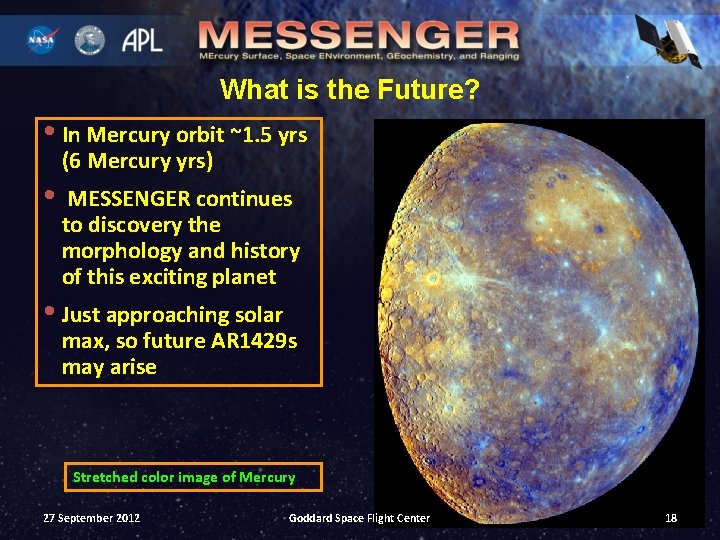 What is the Future? • In Mercury orbit ~1. 5 yrs • (6 Mercury