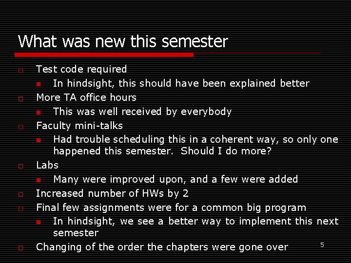 What was new this semester o o o o Test code required n In